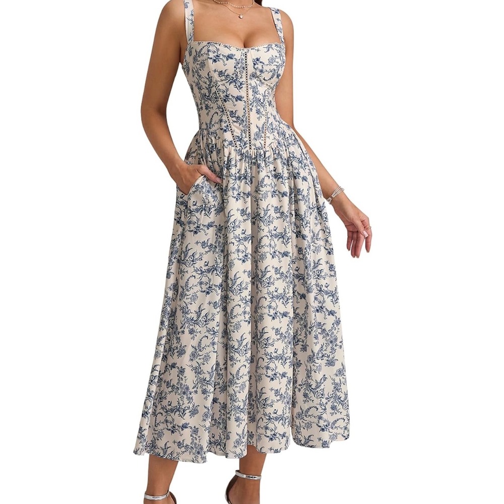 Kutumai Blue White Floral Toile Corset Midi Dress Pockets Medium NWT